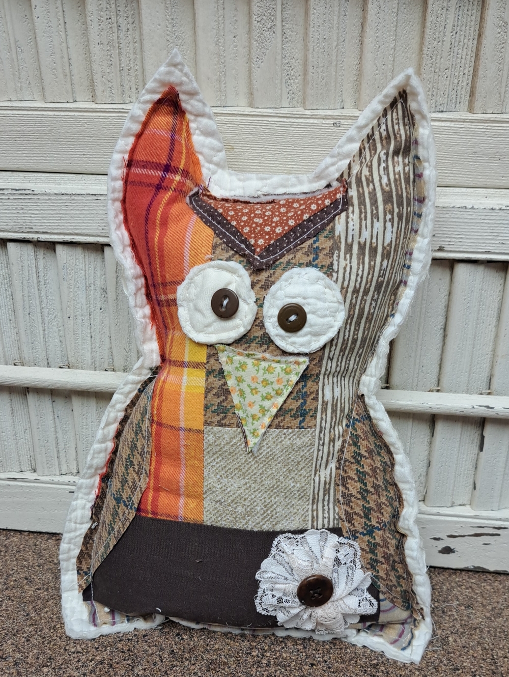 Handmade Patchwork Owl Pillow - Orange, Brown & Cream